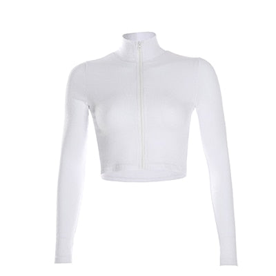 Rapwriter Casual Turtleneck Middle Zipper Knitted Ribbed Elastic White T-Shirt Girl 2019 Autumn Long Sleeve Stretch Crop Tops