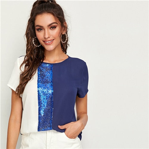 SHEIN Sequins Contrast Panel Spliced Cut-And-Sew Top Womens Tops and Blouses 2019 Casual Colorblock Short Sleeve Summer Blouses