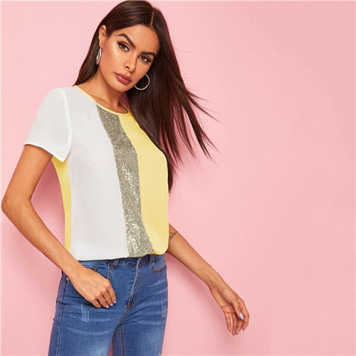 SHEIN Sequins Contrast Panel Spliced Cut-And-Sew Top Womens Tops and Blouses 2019 Casual Colorblock Short Sleeve Summer Blouses