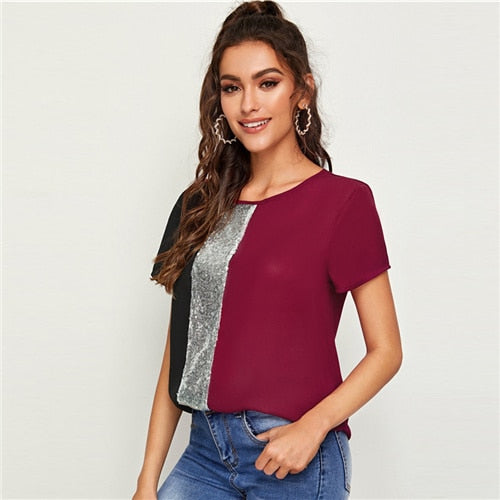 SHEIN Sequins Contrast Panel Spliced Cut-And-Sew Top Womens Tops and Blouses 2019 Casual Colorblock Short Sleeve Summer Blouses
