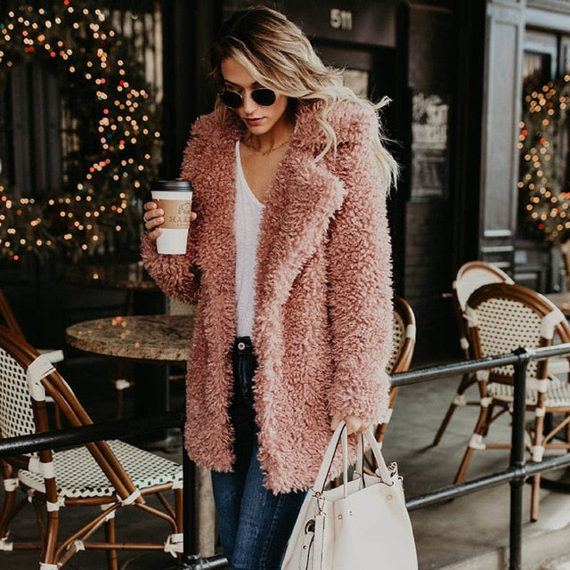 Women Winter Plus Size Faux Fur Coat Bomber Jacket Trench Wool Teddy Coat Pink Overcoat Long Sleeve Vintage Outwear Mujer