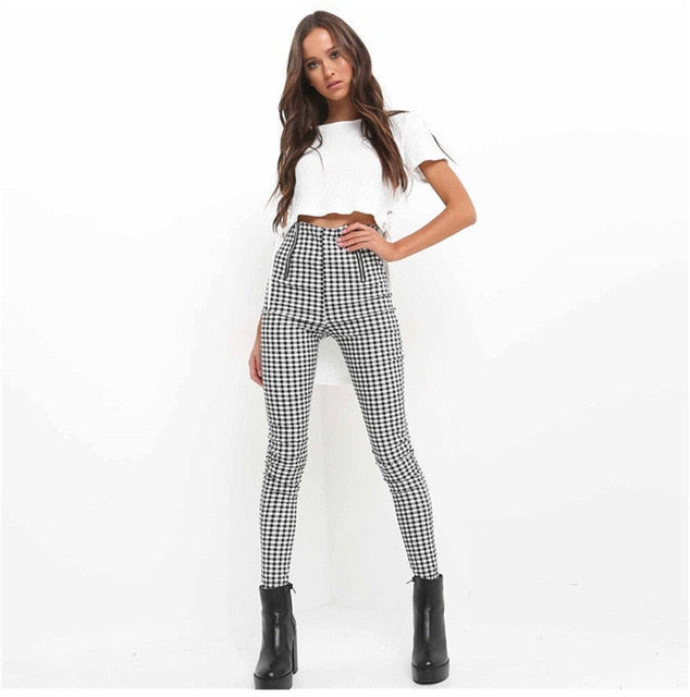 Women Leggings New Skinny High Waist Sexy Jeans Trousers Denim Slim Stretchy Pencil Pants Zip-up Plaid Bodycon Pants Leggings
