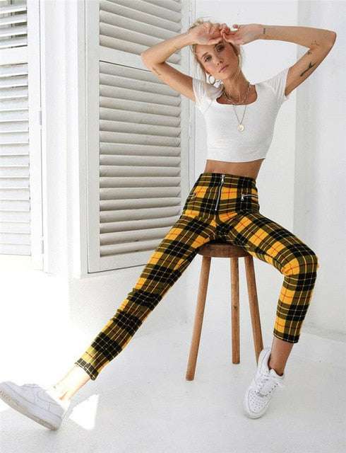 Women Leggings New Skinny High Waist Sexy Jeans Trousers Denim Slim Stretchy Pencil Pants Zip-up Plaid Bodycon Pants Leggings