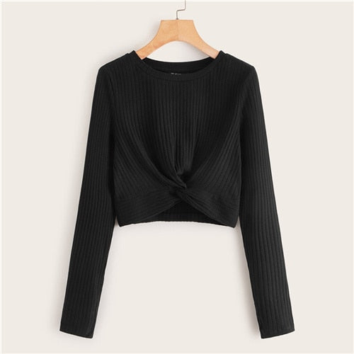 SHEIN Solid Twist Front Rib-knit Crop Top Fitted T Shirt Women Autumn Winter Long Sleeve Round Neck Casual Cute Tshirt Tops