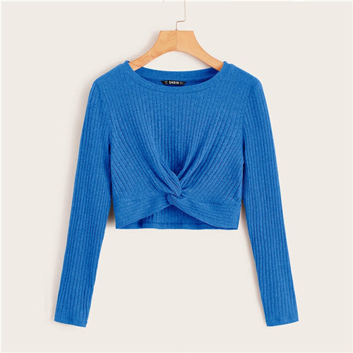SHEIN Solid Twist Front Rib-knit Crop Top Fitted T Shirt Women Autumn Winter Long Sleeve Round Neck Casual Cute Tshirt Tops