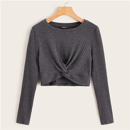 SHEIN Solid Twist Front Rib-knit Crop Top Fitted T Shirt Women Autumn Winter Long Sleeve Round Neck Casual Cute Tshirt Tops