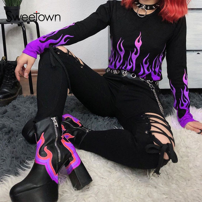 Sweetown Casual Printed Basic Tshirt Women Streetwear Flaming Fire Graphic T Shirts O Neck Long Sleeve Crop Top T-Shirt Autumn