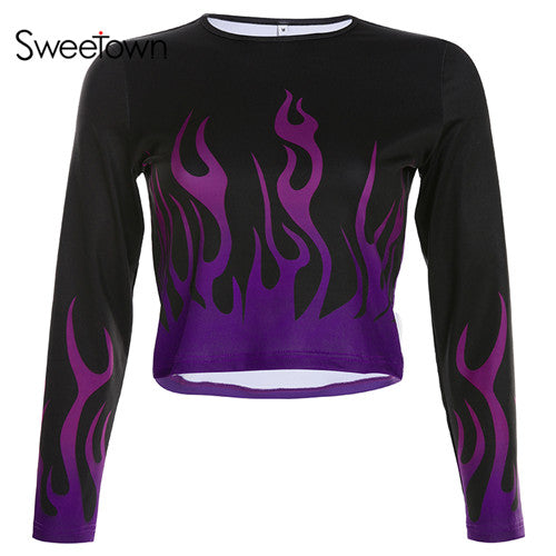 Sweetown Casual Printed Basic Tshirt Women Streetwear Flaming Fire Graphic T Shirts O Neck Long Sleeve Crop Top T-Shirt Autumn