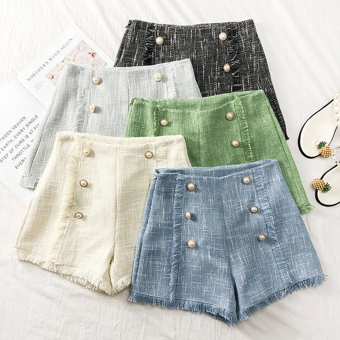 Tassels Wide-legged Shorts Autumn Women Fashion Empire Double-Breasted Tweed Shorts Girls A-line Shorts Bottoms