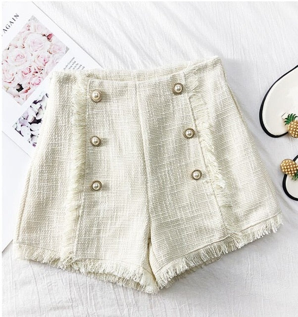 Tassels Wide-legged Shorts Autumn Women Fashion Empire Double-Breasted Tweed Shorts Girls A-line Shorts Bottoms