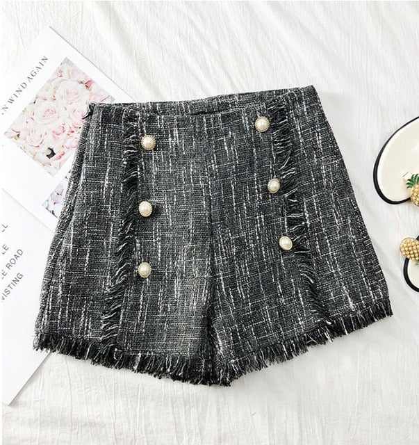 Tassels Wide-legged Shorts Autumn Women Fashion Empire Double-Breasted Tweed Shorts Girls A-line Shorts Bottoms