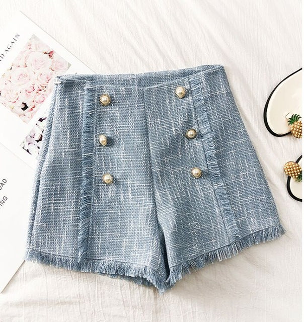 Tassels Wide-legged Shorts Autumn Women Fashion Empire Double-Breasted Tweed Shorts Girls A-line Shorts Bottoms
