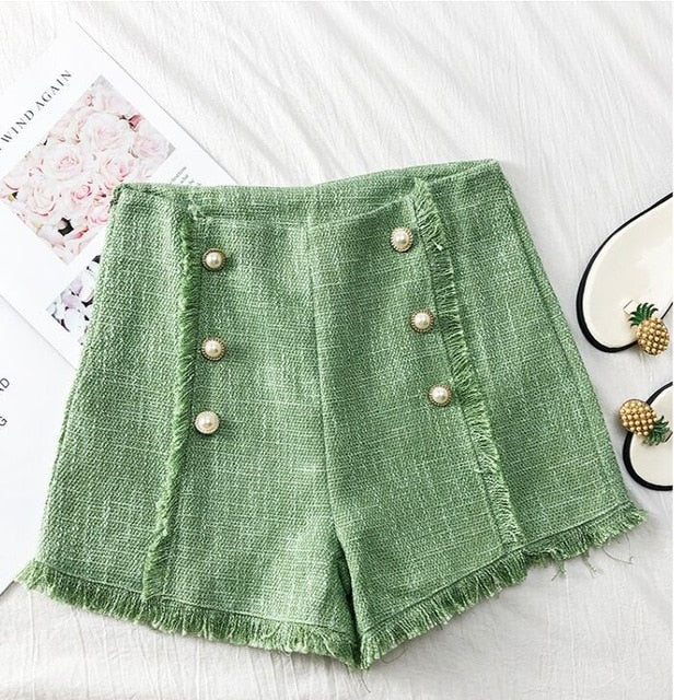Tassels Wide-legged Shorts Autumn Women Fashion Empire Double-Breasted Tweed Shorts Girls A-line Shorts Bottoms