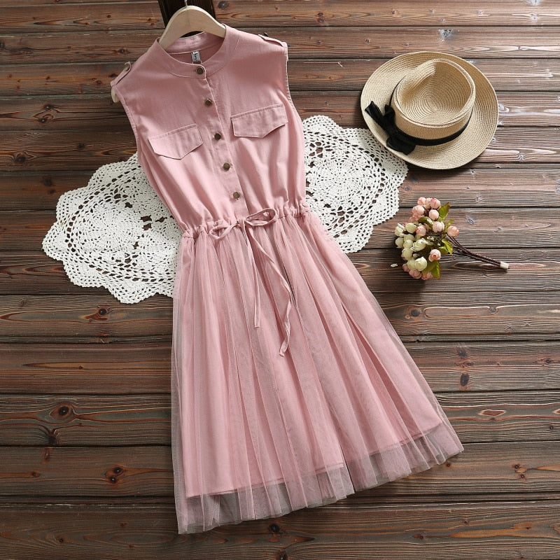 belt waist sleeveless lace blue dresses women summer dress 2019 new casual cotton mesh pink elegant vestidos clothes 3518 50