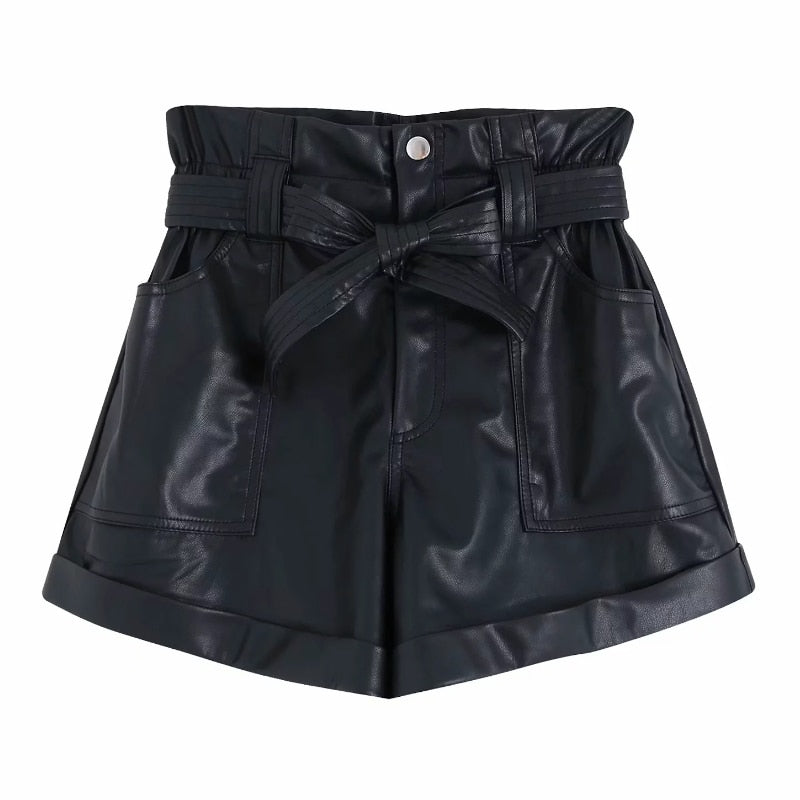 women bow sahes PU Leather Bermuda Shorts ladies high waist pocket patch casual chic pantalone cortos zipper fly hot shorts P563