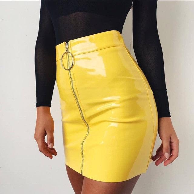 US Women Sexy High Waist Circle Zipper Shiny PU Leather Mini Short Pencil Skirt