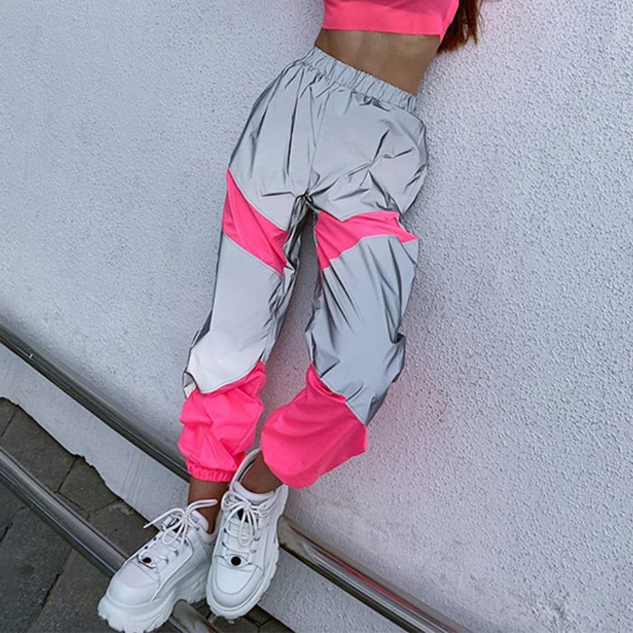 OMSJ Autumn Winter Loose Hight Waist Flash Reflective Patchwork Jogger Pants 2019 Women Neon Streetwear Outfits Cargo Trousers