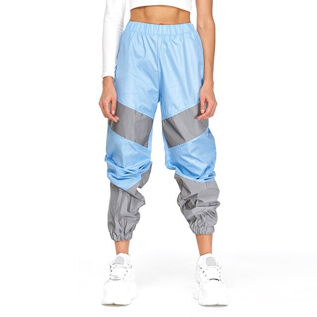 OMSJ Autumn Winter Loose Hight Waist Flash Reflective Patchwork Jogger Pants 2019 Women Neon Streetwear Outfits Cargo Trousers