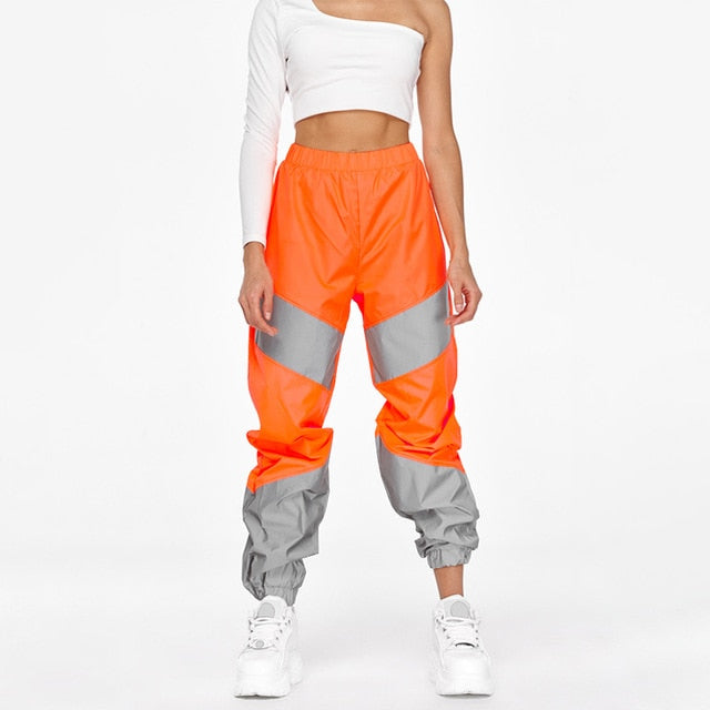 OMSJ Autumn Winter Loose Hight Waist Flash Reflective Patchwork Jogger Pants 2019 Women Neon Streetwear Outfits Cargo Trousers