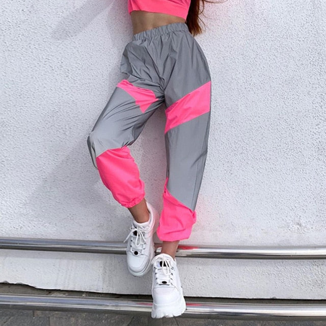 OMSJ Autumn Winter Loose Hight Waist Flash Reflective Patchwork Jogger Pants 2019 Women Neon Streetwear Outfits Cargo Trousers