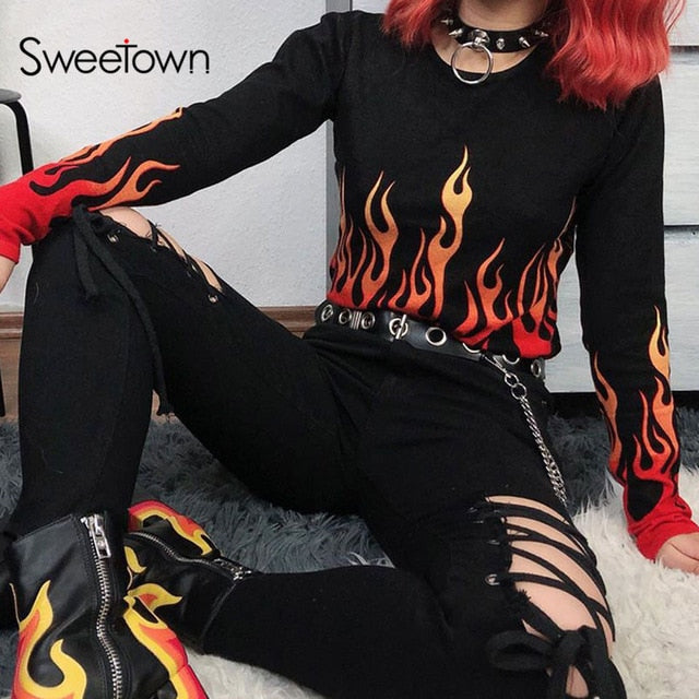 Sweetown Casual Printed Basic Tshirt Women Streetwear Flaming Fire Graphic T Shirts O Neck Long Sleeve Crop Top T-Shirt Autumn