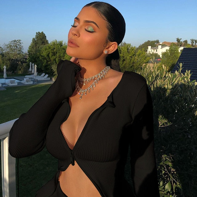 Wannathis White Black Zip Up T-shirt Ribbed Knitted Long Sleeve Strech Irregular Casual Sexy Women Autumn Tops 2019 Streetwear