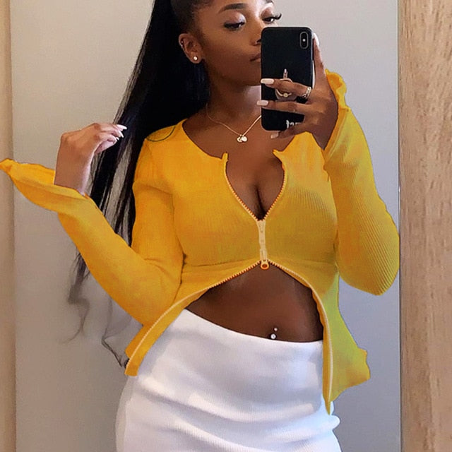 Wannathis White Black Zip Up T-shirt Ribbed Knitted Long Sleeve Strech Irregular Casual Sexy Women Autumn Tops 2019 Streetwear