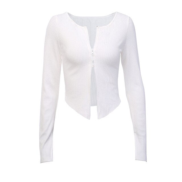 Wannathis White Black Zip Up T-shirt Ribbed Knitted Long Sleeve Strech Irregular Casual Sexy Women Autumn Tops 2019 Streetwear