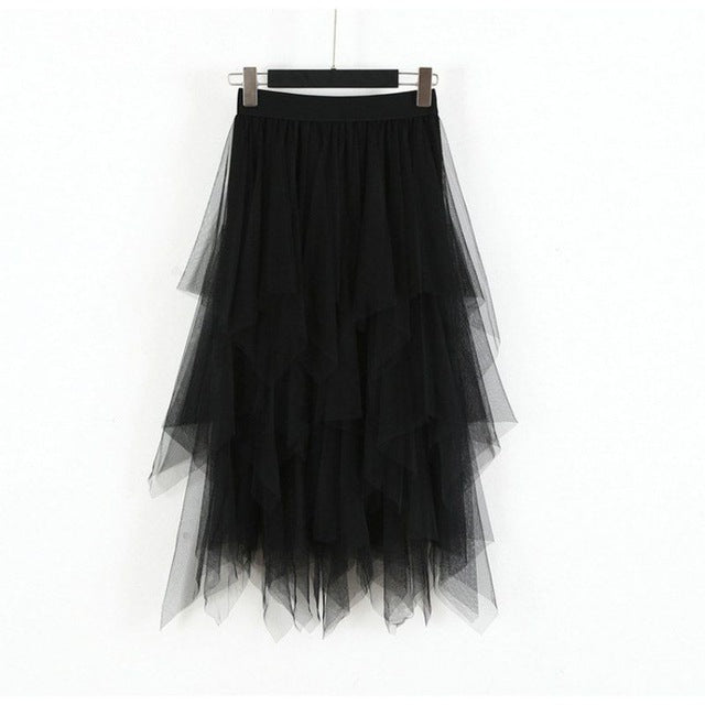 Women Irregular Hem Mesh Tutu Skirt Fashion Elastic High Waist Long Tulle Skirt   Fashion Spring Party Skirt for Ladies