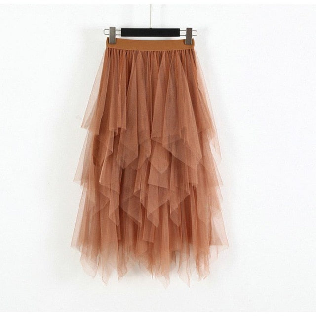 Women Irregular Hem Mesh Tutu Skirt Fashion Elastic High Waist Long Tulle Skirt   Fashion Spring Party Skirt for Ladies