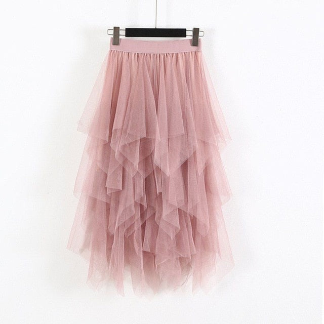 Women Irregular Hem Mesh Tutu Skirt Fashion Elastic High Waist Long Tulle Skirt   Fashion Spring Party Skirt for Ladies