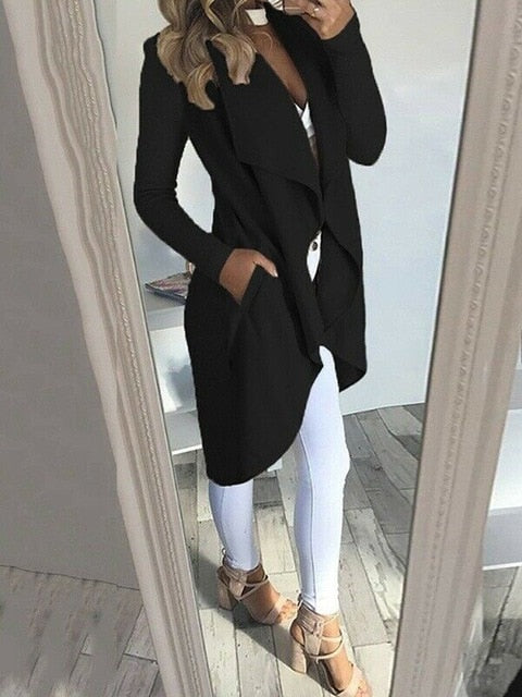 2019 Autumn Coat Women Elegant Long Waterfall Coat Jacket Women Long Sleeve Pocket Cardigan Overcoat Jumper Coat Women Plus Size