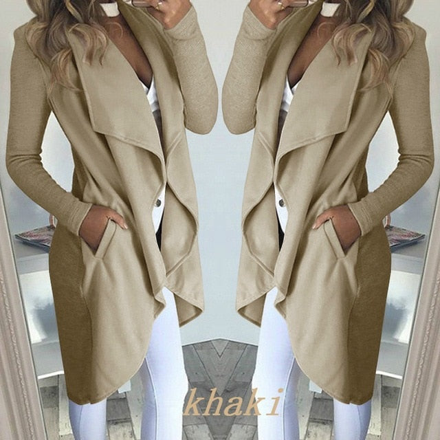 2019 Autumn Coat Women Elegant Long Waterfall Coat Jacket Women Long Sleeve Pocket Cardigan Overcoat Jumper Coat Women Plus Size
