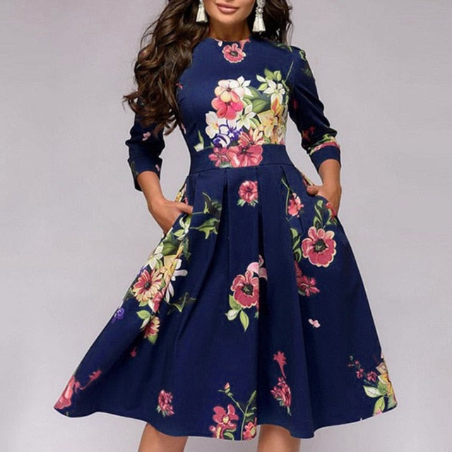 Women Dress 2019Top New Hot Fashion Women Elegent A-line Vintage Printing Party Vestidos Big Swing Dress Vestido De Mujer