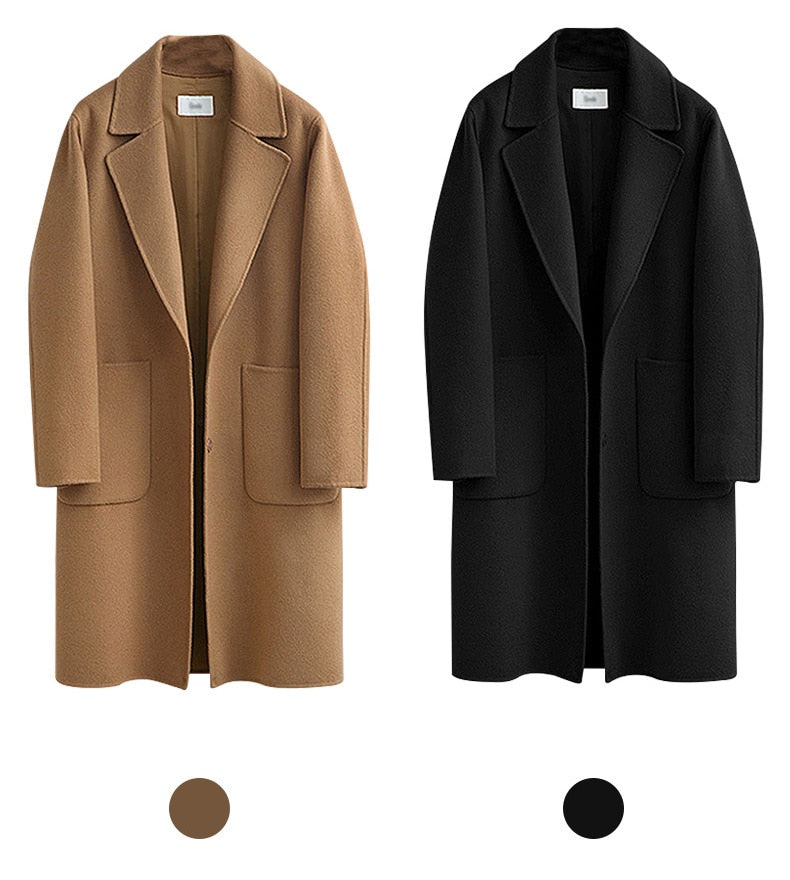 2019 Winter Black Coat For Women Wide Lapel Pocket  Woollen Cloth & Polyester Wool Blend Coat Oversize Long Trench Coats Outwear