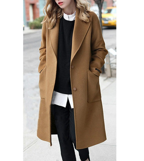 2019 Winter Black Coat For Women Wide Lapel Pocket  Woollen Cloth & Polyester Wool Blend Coat Oversize Long Trench Coats Outwear