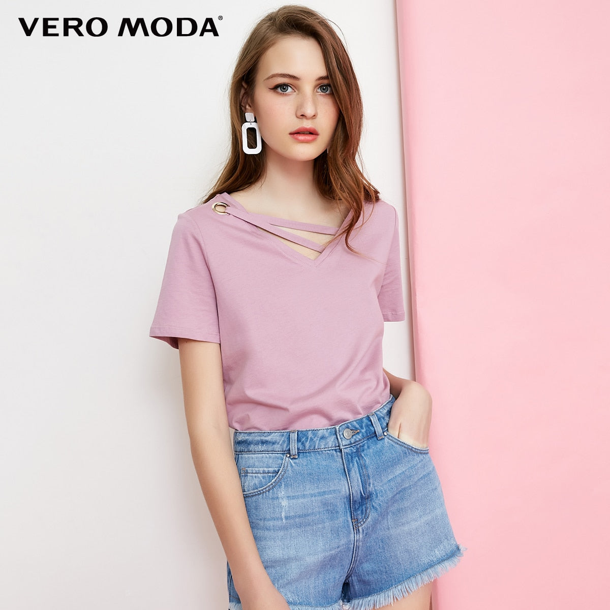 Vero Moda 100% Cotton Pure Color Collar Decorative Band Casual Short Sleeve T-shirt | 318101523