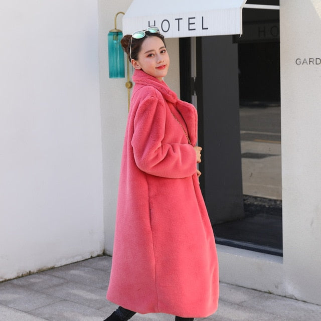 Winter Women High Quality Faux Rabbit Fur Coat Luxury Long Fur Coat Loose Lapel OverCoat Thick Warm Plus Size Female Plush Coats