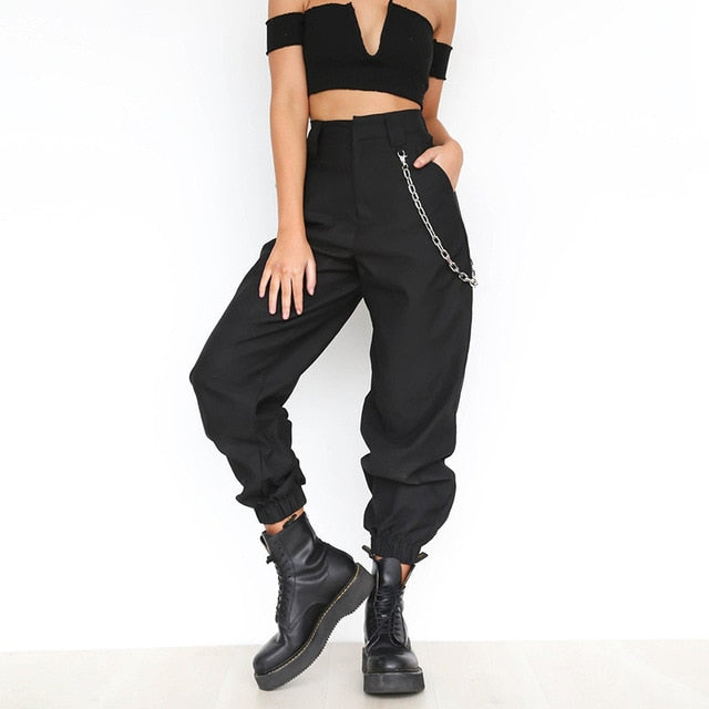 Ladies High Waist Side Pockets pants With chain Cool Cargo Pants Casual Streetwear Fashion Loose Women Female Punk Black Pants