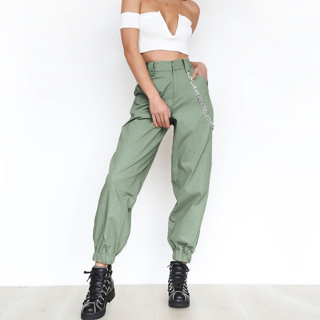 Ladies High Waist Side Pockets pants With chain Cool Cargo Pants Casual Streetwear Fashion Loose Women Female Punk Black Pants