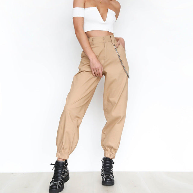 Ladies High Waist Side Pockets pants With chain Cool Cargo Pants Casual Streetwear Fashion Loose Women Female Punk Black Pants