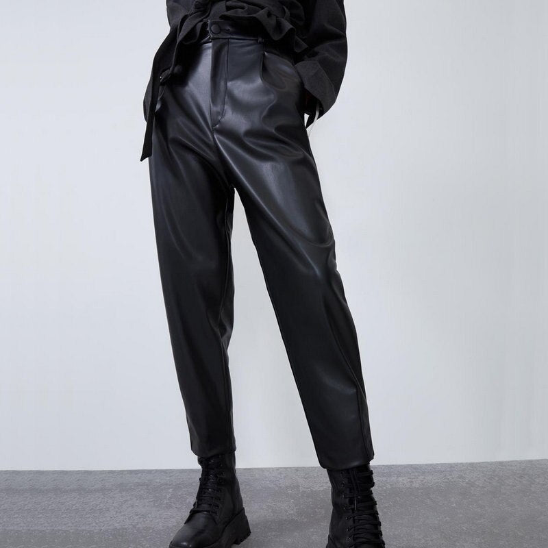 2020 New Fashion Autumn Winter Women High Waist Black Faux Leather Pants Lady PU Loose Pencil Trousers Elegant Pocket Streetwear