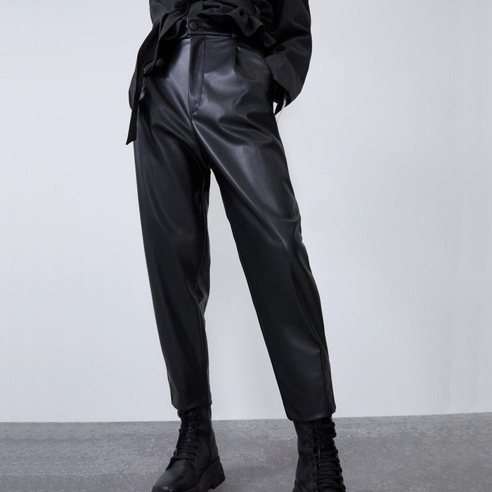 2020 New Fashion Autumn Winter Women High Waist Black Faux Leather Pants Lady PU Loose Pencil Trousers Elegant Pocket Streetwear