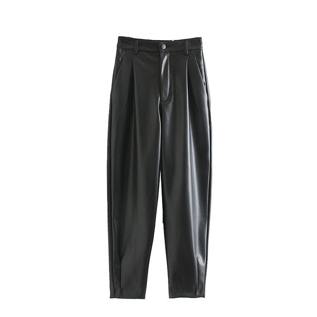 2020 New Fashion Autumn Winter Women High Waist Black Faux Leather Pants Lady PU Loose Pencil Trousers Elegant Pocket Streetwear