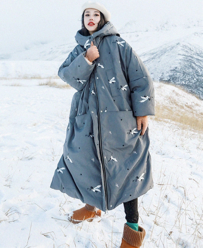 Jessica's Store Women New Winter Thick Warm Embroidery Hooded Oversized Grey Long White Duck Down Jacket Overcoat