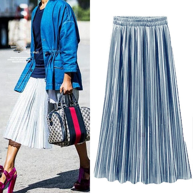 Spring Summer Pleated Skirt Womens Vintage High Waist Skirt Solid Long Skirts New Fashion Metallic Skirt Female