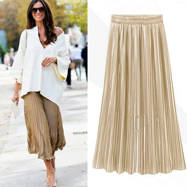 Spring Summer Pleated Skirt Womens Vintage High Waist Skirt Solid Long Skirts New Fashion Metallic Skirt Female