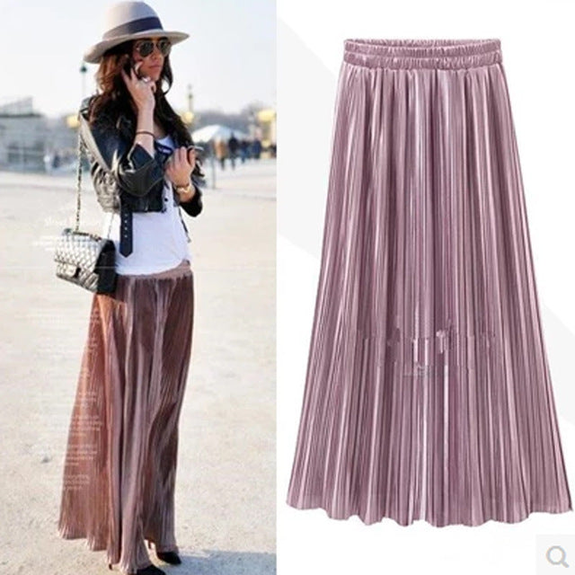 Spring Summer Pleated Skirt Womens Vintage High Waist Skirt Solid Long Skirts New Fashion Metallic Skirt Female