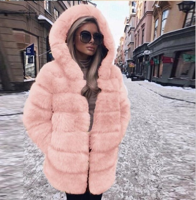 Women Winter Faux Fur Coat Cozy Jacket Open Front Hooded Thicken Pure Color Long Sleeve Warm Outwear Overcoat Plus Size