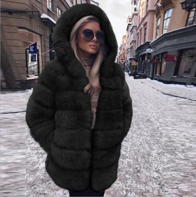 Women Winter Faux Fur Coat Cozy Jacket Open Front Hooded Thicken Pure Color Long Sleeve Warm Outwear Overcoat Plus Size